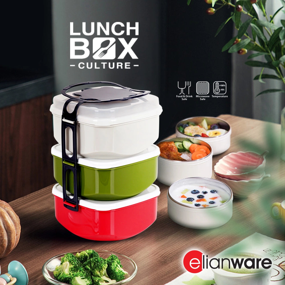 2 Layer Tier Square Tiffin Food Carrier with Spoon & Fork