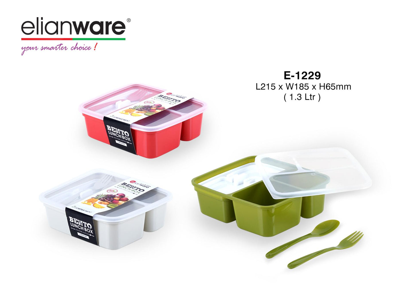 Bento Lunch Box With Fork & Spoon 1.3L