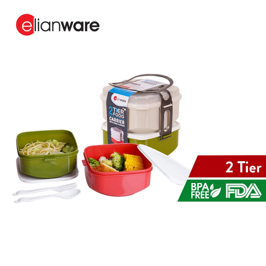 2 Layer Tier Square Tiffin Food Carrier with Spoon & Fork