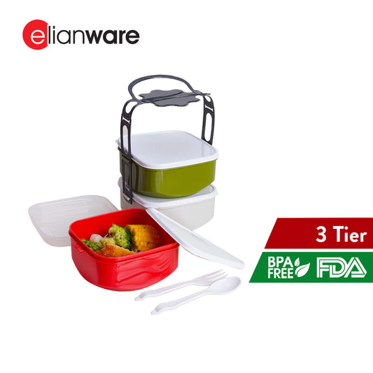 3 Layer Tier Square Tiffin Food Carrier with Spoon & Fork